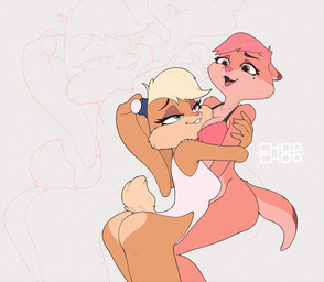 anthro between_breasts bikini_thong blonde_hair blue_eyes bottomless breasts brown_eyebrows butt clothed clothing duo eye_contact eyebrows face_on_breast fangs female fur hair half-closed_eyes highleg highleg_swimwear hug hugging_another leotard looking_at_another medium_breasts mole_under_eye narrowed_eyes nipple_outline one-piece_swimsuit pink_body pink_eyes pink_fur pink_hair short_hair short_tail swimwear tail teeth white_clothing white_leotard chopchop looney_tunes warner_brothers fan_character lola_bunny paper_clip_(chopchop) paper_sweet mammal mustelid otter digital_drawing_(artwork) digital_media_(artwork) hi_res