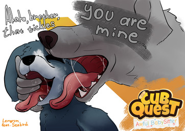 age_difference anthro blue_body bodily_fluids dialogue duo face_lick female finger_in_mouth grey_body larger_male licking logo male male/female open_mouth saliva saliva_on_face saliva_on_tongue simple_background size_difference smaller_female text tongue tongue_out young lemgrum cub_quest_awful_babysitter naomi_(cub_quest_awful_babysitter) player_(cub_quest_awful_babysitter) canid canine mammal absurd_res english_text hi_res signature brother_(lore) incest_(lore) sibling_(lore) sister_(lore)