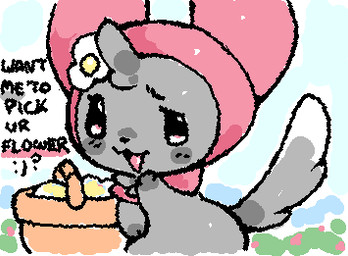 accessory ambiguous_gender anthro basket black_eyes black_text chibi clothing container cosplay crossover_cosplay empty_eyes eyelashes flower flower_accessory fur glistening glistening_eyes grey_body grey_fur grey_tail headgear headgear_only headwear headwear_only hood hood_only looking_at_viewer mostly_nude mostly_nude_ambiguous mostly_nude_anthro open_:3 open_mouth open_smile pink_hood plant question_mark semi-anthro simple_eyes smile solo squigglevision stylized_empty_eyes tail text ligma_(artist) nintendo onegai_my_melody pokemon sanrio my_melody generation_5_pokemon minccino pokemon_(species) 2026 animated crossover digital_media_(artwork) english_text low_res wigglypaint_(artwork)