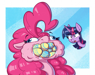 bodily_fluids cheek_bulge confusion drooling duo egg female feral floating_eyebrows holidays horn saliva simple_background anontheanon easter friendship_is_magic hasbro my_little_pony mythology pinkie_pie_(mlp) twilight_sparkle_(mlp) earth_pony equid equine horse mammal mythological_creature mythological_equine pony unicorn hi_res