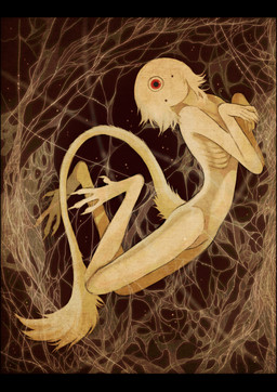 3_eyes 4_toes abstract_background ambiguous_gender ambiguous_humanoid black_border border dot_eyes feet fur hair looking_at_viewer multi_eye not_furry red_eyes ribs simple_eyes skinny solo tail tail_tuft tan_body tan_fur tan_tail toes tuft yellow_body yellow_fur yellow_tail jejejunum secret_(jejejunum) humanoid spirit 2025 hi_res letterbox monochrome sepia