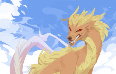 ambiguous_gender angry blue_sky cloud fangs feral fur horn narrowed_eyes orange_body outside pupils red_eyes sky slit_pupils solo tail tail_tuft teeth tuft unsigned yellow_body yellow_horn corzh77 mythology dragon furred_dragon furred_scalie mythological_creature mythological_scalie scalie absurd_res alternate_version_at_source hi_res