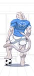 anthro ball biped black_claws blue_clothing blue_eyes blue_shirt blue_topwear bottomwear brown_nose claws clothing eyebrows fur hand_on_leg hand_on_thigh inside locker_room looking_at_viewer looking_back male muscular muscular_anthro muscular_calves muscular_legs muscular_male shirt shorts soccer_ball solo standing tail topwear triceps tuft white_body white_bottomwear white_clothing white_eyes white_fur white_shorts white_tail yuezai_1 felid feline mammal hi_res