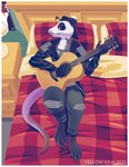 acoustic_guitar anthro barefoot bed biped claws clothed clothing ear_piercing feet fully_clothed furniture guitar hair high-angle_view looking_at_viewer lying male male_anthro musical_instrument on_back on_bed piercing plucked_string_instrument solo string_instrument tail yellow_k9 american_idiot_(album) green_day american_opossum mammal marsupial hi_res
