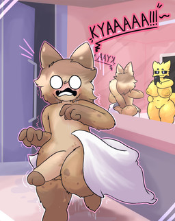 4_eyes 4_fingers anthro areola big_breasts big_butt big_nipples big_penis biped black_sclera blue_eyes blush blush_lines breasts brown_body brown_hair brown_tail butt cute_fangs duo electronics emanata embarrassed embarrassing_nudity eyelashes fangs feet female fingers front_view fur genitals gloves_(marking) hair hand_on_hip holding_object holding_phone humanoid_genitalia humanoid_penis inside looking_at_another looking_at_viewer male markings mirror mirror_reflection monotone_body multi_eye navel nipples nude nude_female nude_male o_o on_one_leg open_mouth penis phone pointy_ears pokemorph reflection smile standing tail teeth text thick_thighs towel vulva wide_hips yellow_body hornyicakes nintendo pokemon nimby_(nimbynimbasa) silvia_(irissilvia) domestic_cat felid feline felis generation_5_pokemon joltik mammal pokemon_(species) 2024 absurd_res digital_drawing_(artwork) digital_media_(artwork) hi_res