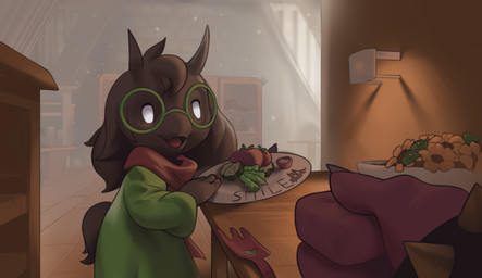 anthro black_body black_fur bracelet claws cutlery eyewear flower food fork fur furniture glasses horn jewelry kitchen kitchen_utensils lamp looking_at_viewer male offering_to_viewer open_mouth plant reaching smile solo spikes table tools vegetable inkune deltarune undertale_(series) ralsei susie_(deltarune) bovid caprine goat mammal hi_res