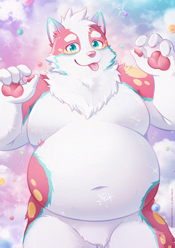 anthro blue_body blue_fur candy cloud dessert food fur looking_at_viewer male multicolored_body multicolored_fur navel neck_tuft nude_male overweight overweight_anthro overweight_male pawpads pink_body pink_fur pink_nose pink_pawpads pink_paws sky skyscape solo teal_eyes tongue tongue_out tuft white_body white_fur yellow_body yellow_eyes yellow_fur littlehyper pu-kan canid canine canis domestic_dog mammal hi_res