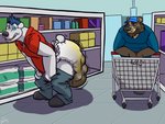 anthro black_nose blue_eyes blue_hair clothing diaper duo excessive_feces feces hair hat headgear headwear hyper hyper_feces hyper_soiling male pooping public scatplay soiled_diaper soiling soiling_diaper store teeth trolley unclean_diaper used_diaper brickoven bear mammal 4:3 hi_res