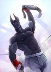 abs anthro black_body boxing_gloves boxing_shorts clothing cropped_ears fangs flexing handwear male muscular muscular_anthro muscular_male pecs raising_arm solo teeth vavolga mindmachine acrador_project acrador anubian anubian_jackal canid canine canis jackal mammal hi_res