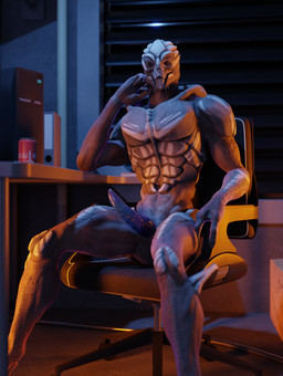 beverage beverage_can blinds chair computer desk electronics erection furniture genitals male muscular not_furry nude office_chair penile penis pose sitting solo table window ralic_turman bioware electronic_arts mass_effect alien mammal turian 3d_(artwork) digital_media_(artwork) hi_res
