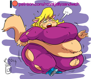 anthro belly belly_overhang big_belly big_breasts blush breasts breath clothing exercise eyewear female glasses huge_belly huge_breasts hyper hyper_belly morbidly_obese morbidly_obese_anthro morbidly_obese_female navel obese obese_anthro obese_female overweight overweight_anthro overweight_female solo thick_thighs torn_clothing workout royaljellysandwich hanna-barbera swat_kats callie_briggs domestic_cat felid feline felis mammal hi_res