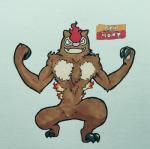 2017 2_fingers 2_toes alternate_color ambiguous_gender anthro arm_tuft biceps biped black_claws black_eyes brown_body brown_fur chest_tuft claws crotch_tuft crouching digitigrade english_text fakemon fangs feet fingers fire firefightdex fist flexing front_view full-length_portrait fur fur_tuft generation_3_pokemon half-closed_eyes handpaw hatching_(art) head_tuft hi_res mammal marco_fanjul marker_(artwork) mixed_media multicolored_body multicolored_fur narrowed_eyes nintendo nude pawpads paws pen_(artwork) pink_pawpads pokemon pokemon_(species) portrait red_body red_fur shaded shadow shoulder_tuft simple_background smile smirk smug solo standing tan_body tan_fur teeth text toe_claws toes toony traditional_media_(artwork) tuft vigoroth white_background
