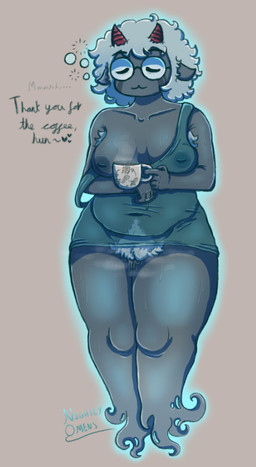 anthro areola armpit_hair beverage blush body_hair breasts clothing coffee container cup eyewear female fur glasses hair happy_trail horn messy_hair musk nude pubes simple_background slightly_chubby solo tired translucent translucent_clothing wool_(fur) nightlyomens cult_of_the_lamb massive_monster_(studio) aniel_(cult_of_the_lamb) bovid caprine ghost mammal sheep spirit