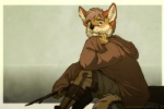 abstract_background anthro biped bottomwear brace clothed clothing disability ears_up fur hair hood hoodie leg_brace long_sleeves looking_away outside purple_eyes shorts sitting solo stick topwear yellow_body yellow_fur briarwood canid canine canis jackal mammal