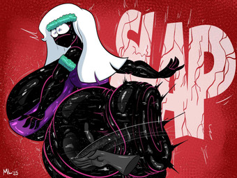 big_breasts big_butt black_body bodily_fluids bottomless breasts butt butt_slap clothed clothing crop_top disembodied_hand female hair huge_breasts huge_butt looking_back not_furry onomatopoeia purple_eyes shirt slap solo sound_effects sweat sweatband sweaty_breasts sweaty_butt text topwear white_hair ameizinglewds duck_dodgers queen_tyr'ahnee alien alien_humanoid humanoid martian english_text hi_res