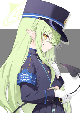 blue_clothing blue_hat blue_headwear bottomwear clothing ear_piercing female female_humanoid gloves green_hair hair halo handwear hat headgear headwear heart_tail looking_at_viewer piercing pointy_ears prick_ears side_view skirt tail white_clothing white_gloves white_handwear yellow_eyes young young_female young_humanoid lisu blue_archive hikari_(blue_archive) demon demon_humanoid humanoid tailed_humanoid absurd_res hi_res
