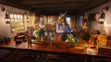 anthro arrow_(weapon) barefoot barrel book bow_(weapon) breasts container cup day detailed_background door feet female fur furniture group holding_container holding_cup holding_mug holding_object holding_pen horn inside lamp male mug pen plant quiver_(object) ranged_weapon sleeping smile table tail tree weapon window workshop lambdakat mythology dragon furred_dragon furred_scalie mythological_creature mythological_scalie scalie 16:9 2026 digital_media_(artwork) hi_res widescreen