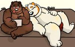 16:10 2022 anthro bear belly big_belly black_nose blush brown_body clothing duo felid feline hi_res humanoid_hands jakegr jakegr_(character) male male/male mammal overweight overweight_male ruick sitting tongue tongue_out underwear white_body widescreen