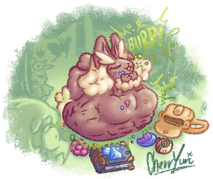 abdominal_bulge ambiguous_gender ambiguous_prey anthro anthro_pred arm_tuft backpack being_watched belly berry big_belly big_butt big_ears brown_body brown_fur burping butt churn cotton_tail digestion digestion_noises duo eyelashes eyes_closed female female_pred floppy_ears food forest fruit fur huge_belly hyper hyper_belly looking_at_another lop_ears lying on_front onomatopoeia open_mouth open_smile outside overweight overweight_anthro overweight_female plant prey_outline rumbling_stomach satisfied smile sound_effects struggling struggling_prey stuffing tan_body tan_fur text tree tuft vore wrist_tuft cherryuri nintendo pokemon alpha_pokemon generation_4_pokemon human lopunny mammal pokemon_(species) 2026 digital_drawing_(artwork) digital_media_(artwork) hi_res