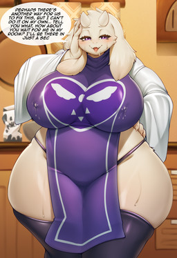 anthro big_breasts biped blush bodily_fluids breasts clothed clothing dialogue ellipsis eyebrows female fingers front_view fur horn huge_breasts huge_hips huge_thighs lactating mature_anthro mature_female narrowed_eyes nipple_outline open_mouth overweight overweight_anthro overweight_female purple_eyes skimpy solo speech_bubble standing sweat text thick_thighs white_body white_fur wide_hips mleonheart undertale_(series) toriel bovid caprine goat mammal 2025 english_text hi_res