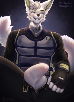 anthro bottomwear bulge clothed clothing erection genitals hair looking_at_viewer male military_uniform muscular muscular_male pants penis smile solo tail topwear underwear uniform uniformed_male cocicka conditional_dnp canid canine mammal hi_res