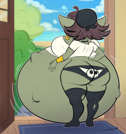 belly big_belly big_breasts blue_sky breasts butt clothing door female green_body green_skin huge_belly not_furry pregnant pregnant_female rear_view shirt simple_background sky solo topwear white_clothing white_shirt white_topwear funble goblin 2025 absurd_res hi_res