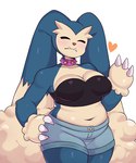 anthro belly bottomwear breasts claws cleavage clothed clothing collar eyes_closed female fusion hand_on_hip heart_symbol long_ears midriff navel shorts simple_background slightly_chubby solo spiked_collar spikes thick_thighs white_background artkett1412 nintendo pokemon pokemon_infinite_fusion snorpunny generation_1_pokemon generation_4_pokemon hybrid lopunny mammal pokemon_(species) snorlax 2023 5:6 hi_res