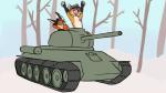 ambiguous_gender anthro countershading duo forest green_eyes outside plant smile snow t-34-85_(tank) t-34_(tank) tank tree vehicle martinballamore faxy_(pillo) martin_ballamore canid canine fox mammal 16:9 2019 animated short_playtime widescreen