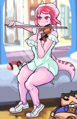 5_fingers anthro bed bedroom bowed_string_instrument breasts cleavage clothed clothing dress eyelashes facial_horn female fingers footwear freckled_face freckles frill_(anatomy) furniture glistening glistening_body glistening_scales hair horn long_tail musical_instrument nose_horn off_shoulder on_bed pink_body pink_hair pink_scales playing_music playing_violin red_eyes scales shoes short_hair sitting sitting_on_bed smile sneakers solo string_instrument tail text thick_thighs violin wide_hipped_anthro wide_hipped_female wide_hips dannoartista cavemanon_studios snoot_game fan_character trixie_(dannoartista) centrosaurine ceratopsian ceratopsid dinosaur einiosaurus marginocephalian ornithischian prehistoric_species reptile scalie 2025 absurd_res artist_name digital_drawing_(artwork) digital_media_(artwork) hi_res watermark