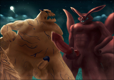 angry anthro balls big_balls big_penis comparing duo genitals macro male male/male night outside penis smile smirk smirking_at_another flashbulbmemory naruto kurama shukaku canid canine fox fox_spirit mammal raccoon_dog tanuki hi_res