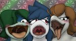 anthro blue_hair brown_hair female green_eyes green_hair group hair mouth_shot open_mouth red_eyes tongue tongue_out trio uvula gum-k gille_bernard jabonne_lidia mint_(gum-k) bottlenose_dolphin carpet_shark cetacean dolphin fish mammal marine oceanic_dolphin shark toothed_whale whale_shark