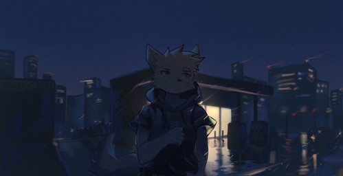 anthro biped black_clothing black_jacket black_topwear blue_eyes city clothing dark fur heterochromia jacket male night red_eyes slim_anthro slim_male solo standing topwear white_body white_fur itooku itooku_(character) canid canine canis mammal wolf 2022 hi_res