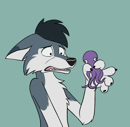 anthro eating humor male simple_background swallowing vore o-ruff aquatic canid canine canis cephalopod coleoid mammal mollusk octopodiform octopus wolf 2026 2d_animation animated frame_by_frame