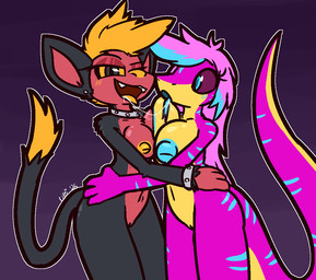 4_fingers anthro anthro_on_anthro big_breasts big_nipples black_body black_eyes black_fur blue_body blue_eyes blue_hair blue_nipples blue_pupils blue_scales blue_stripes blue_tongue bodily_fluids bracelet breast_size_difference breast_squish breasts collar duo eyebrows female female/female fingers fur genitals grey_bracelet grey_collar hair hip_grab huge_breasts huge_nipples humanoid_hands interspecies jewelry looking_at_another looking_at_viewer navel nipples non-mammal_breasts non-mammal_navel non-mammal_nipples nude orange_body orange_fur orange_hair orange_nose orange_sclera orange_tongue pupils purple_body purple_hair purple_scales purple_sclera raised_eyebrow red_body red_fur red_inner_ear saliva saliva_string scales smile smirk squish standing striped_body striped_scales stripes studded_bracelet studded_collar studded_jewelry studs tail tail_tuft tongue tongue_out tuft vulva wearing_collar yellow_body yellow_scales ultilix lizzy_(blissman2020) talia_(blissman2020) haplorhine mammal monkey primate reptile scalie snake 2026