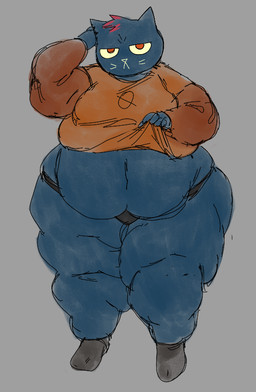 5_fingers anthro belly big_belly blue_body blue_fur blue_nose breasts clothed clothing clothing_lift female fingers footwear fur looking_at_viewer navel notched_ear obese obese_anthro obese_female overweight overweight_anthro overweight_female panties red_eyes shirt shirt_lift shoes solo standing topwear underwear whiskers aquamix night_in_the_woods mae_borowski domestic_cat felid feline felis mammal