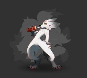anthro biped chest_tuft digitigrade drinking fur green_eyes grey_background leg_markings male markings simple_background socks_(marking) solo tuft white_body white_fur dobbysstuff feir_kitsune canid canine fox mammal absurd_res hi_res