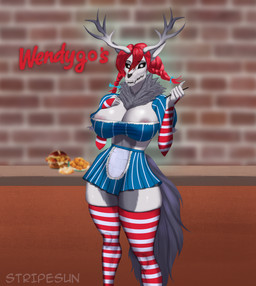 anthro biped bone bottomwear clothed clothed_anthro clothed_female clothing female female_anthro food gloves hair handwear legwear looking_at_viewer red_hair restaurant skirt skull skull_head solo stockings text thick_thighs thigh_highs three-quarter_view waiter wide_hips sunstripe american_mythology indigenous_north_american_mythology mythology north_american_mythology wendy's cryptid wendigo artist_name digital_media_(artwork) digital_painting_(artwork) english_text hi_res painting_(artwork) portrait shaded soft_shading three-quarter_portrait