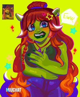 5_fingers arms_bent blue_bottomwear blue_clothing blue_eyes blue_line_art blue_pants blush blush_lines bottomwear braided_hair breasts clenched_teeth clothed clothed_female clothed_humanoid clothing colored_nails dialogue ear_piercing ear_ring eyelashes facial_piercing female fingernails fingers fully_clothed fully_clothed_female fully_clothed_humanoid green_background green_body green_clothing green_fingernails green_lips green_nails green_shirt green_skin green_tank_top green_topwear hair hair_bun light lips long_hair nails nose_piercing nose_ring not_furry pants piercing pink_hair_tie pupils purple_hair_tie purple_pupils red_hair ring_piercing shirt simple_background solo sparkles speech_bubble star_(shape) tank_top teeth text topwear miuchat_cat dreamworks shrek_(series) felicia_(shrek) humanoid ogre 2025 absurd_res artist_name colored colored_line_art digital_drawing_(artwork) digital_media_(artwork) english_description hi_res lighting portrait redraw reference_image shaded three-quarter_portrait