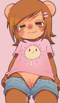 accessory anthro bodily_fluids bottomwear bottomwear_down brown_body brown_eyes brown_hair clothed clothing countershade_torso countershading facial_markings female genital_fluids genitals hair hair_accessory hairclip head_markings holding_clothing holding_object long_hair looking_at_viewer markings partially_clothed pink_background pink_clothing pink_nose pink_shirt pink_t-shirt pink_topwear round_ears shirt shorts shorts_down simple_background smile smirk solo t-shirt topwear vaginal_fluid_string vaginal_fluids vulva young young_anthro young_female lollipounce haplorhine mammal monkey primate 2025 absurd_res digital_drawing_(artwork) digital_media_(artwork) hi_res portrait three-quarter_portrait