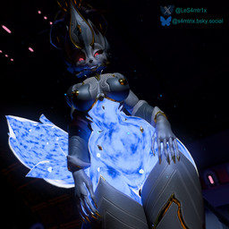 anthro blue_body breasts clothing female footwear fur genitals glowing glowing_body glowing_eyes glowing_genitalia glowing_markings glowing_vulva hand_on_hip high_heels legwear looking_at_viewer low-angle_view markings medium_breasts nipples nude nude_anthro nude_female orange_body orange_fur red_eyes shoes solo space standing tail thick_thighs thigh_highs vulva samtrix seriuswolf_(modeler) digital_extremes tencent warframe ember_(warframe) ember_heirloom_(warframe) canid canine canis mammal wolf 1:1 hi_res