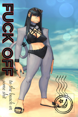 5_fingers 5_toes accessory alternative_fashion anthro arm_tuft bangs bikini black_hair black_nails bracelet clothed clothing cloud colored_nails day digit_ring ear_piercing eyeshadow eyewear eyewear_on_head facial_piercing feet female finger_ring fingers footwear fur furgonomics goth grey_body grey_fur hair jewelry leather leather_clothing lens_flare lip_piercing lip_ring long_hair makeup midriff nails navel outside piercing postcard profanity purple_eyes ring ring_piercing sand sandals seaside shoes solo spiked_tailband standing studded_bracelet studded_jewelry studs sunglasses sunglasses_on_head swimwear tail tail_accessory tailband text toe_ring toes tuft two-piece_swimsuit wearing_sunglasses redustheriotact beth_(redustheriotact) haplorhine mammal monkey primate 2022 english_text hi_res