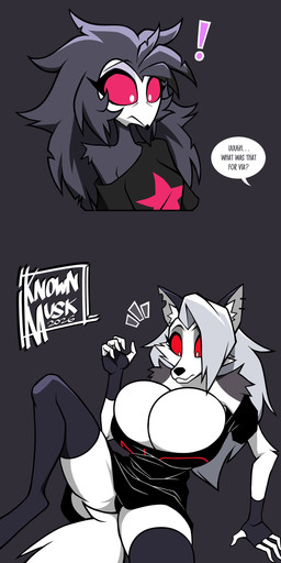 3_toes 4_fingers accident anthro apology beverage big_breasts black_body black_clothing black_ears black_feather_hair black_feathers black_gloves black_handwear black_legwear black_nose black_panties black_shirt black_t-shirt black_tail black_topwear black_underwear breast_expansion breasts cheek_tuft claws cleavage cleavage_overflow clothed clothed_anthro clothed_female clothing coffee digitigrade duo ear_piercing exclamation_point expansion facial_tuft feathers feet female female_anthro fingers fur gloves grey_background grey_body grey_fur grey_hair hair handwear huge_breasts inner_ear_fluff knocked_down legwear long_hair magic multicolored_body multicolored_fur off_shoulder outgrowing_clothes panties pantsless paws piercing pink_sclera pointy_ears prick_ears red_sclera shirt simple_background sitting small_breasts standing stockings stretched_clothing surprised t-shirt tail tail_feathers thick_thighs thigh_highs toeless_thigh_highs toes topwear tuft underwear upskirt white_body white_fur knownmusk unknownly hellaverse helluva_boss mythology loona_(helluva_boss) octavia_(helluva_boss) avian bird canid canid_demon canine canis demon goetia hellhound mammal mythological_canine mythological_creature owl owl_demon wolf absurd_res hi_res long_image sequence tall_image
