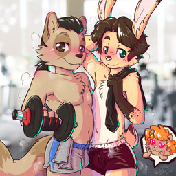 anthro athletic athletic_male athletic_wear blush bodily_fluids bulge clothed clothing duo exercise gym male male/male steam sweat topless workout workout_clothing endcoon sunny_(bunnynamedsunny) lagomorph leporid mammal procyonid rabbit raccoon 1:1