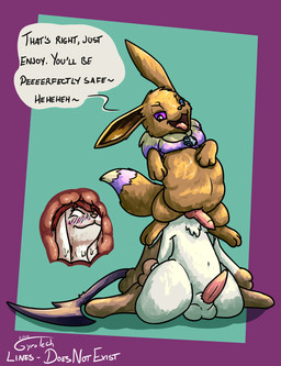 abdominal_bulge anal anal_vore anus blush brown_body eyes_closed feral genitals head_in_anus internal male male_pred male_prey open_mouth penis size_difference smaller_pred text vore white_body doesnotexist gyrotech nintendo pokemon meep_the_eevee buneary canid eevee generation_1_pokemon generation_4_pokemon lagomorph mammal pokemon_(species) absurd_res english_text hi_res