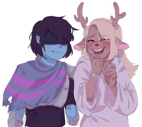anthro blonde_hair blush buckteeth clock clothing duo female hair happy male robe smile teeth watch advenit deltarune undertale_(series) kris_dreemurr noelle_holiday deer human mammal new_world_deer reindeer
