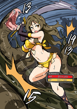 accessory ambiguous_gender apode armwear bent_legs big_breasts bikini bikini_bottom bikini_top bodily_fluids breasts brown_hair clothing duo elbow_gloves fangs female feral fight footwear gameplay_mechanics gloves gui hair hair_accessory handwear health_bar human_focus legless light_body light_skin long_hair melee_weapon midriff navel not_furry_focus number open_mouth outside saliva sandals serpentine shirt shoes solo_focus sweat swimwear sword teeth text tied_shirt topwear two-piece_swimsuit weapon yellow_bikini yellow_clothing yellow_eyes yellow_swimwear arniro vividred_operation himawari_shinomiya anaconda boa_(snake) boinae draconcopode human mammal reptile scalie snake character_name digital_media_(artwork) hi_res japanese_text