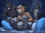 anthro anthro_on_anthro bed blush bottle bottomless clothed clothing container cuddling drunk duo_focus furniture group hand_holding male male/male nude romantic romantic_couple substance_intoxication surprise k-9 disney guardians_of_the_galaxy marvel nintendo star_fox talespin don_karnage fox_mccloud rocket_raccoon wolf_o'donnell canid canine canis fox mammal procyonid raccoon red_wolf wolf 2018 crossover hi_res