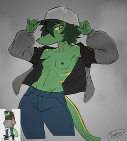 5_fingers abs abstract_background anthro baseball_cap breasts claws clothing eyelashes female finger_claws fingers green_body green_hair green_scales grey_clothing grey_jacket grey_topwear hair hair_over_eye hat headgear headwear jacket long_tail looking_at_viewer multicolored_body multicolored_scales navel nipples non-mammal_breasts non-mammal_navel non-mammal_nipples scales shirtless shirtless_anthro shirtless_female short_hair small_breasts snout solo striped_body striped_scales stripes tail text topwear two_tone_body two_tone_scales yellow_body yellow_eyes yellow_scales yellow_stripes ratherdevious hold_onto_mi ciro_(tucolewds) compsognathid dinosaur prehistoric_species reptile saurischian scalie scipionyx theropod 2025 absurd_res artist_name black_and_white digital_drawing_(artwork) digital_media_(artwork) hi_res monochrome watermark