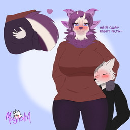 anthro blush breasts butt clothing duo female fur hair holding_butt horn leggings legwear looking_at_viewer male male/female purple_hair sweater tail teasing text topwear magnoliabihs mythology renji_tama_(character) arctic_fox canid canine dragon fox mammal mythological_creature mythological_scalie scalie true_fox 1:1 absurd_res english_text hi_res