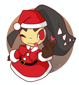 ambiguous_gender black_hair blep christmas_clothing christmas_headwear clothing costume gloves hair hair_mouth handwear hat headgear headwear holidays looking_at_viewer one_eye_closed pseudo_hair red_clothing red_eyes santa_costume santa_hat solo tongue tongue_out wink winking_at_viewer mawaifu christmas nintendo pokemon generation_3_pokemon humanoid mawile pokemon_(species) hi_res